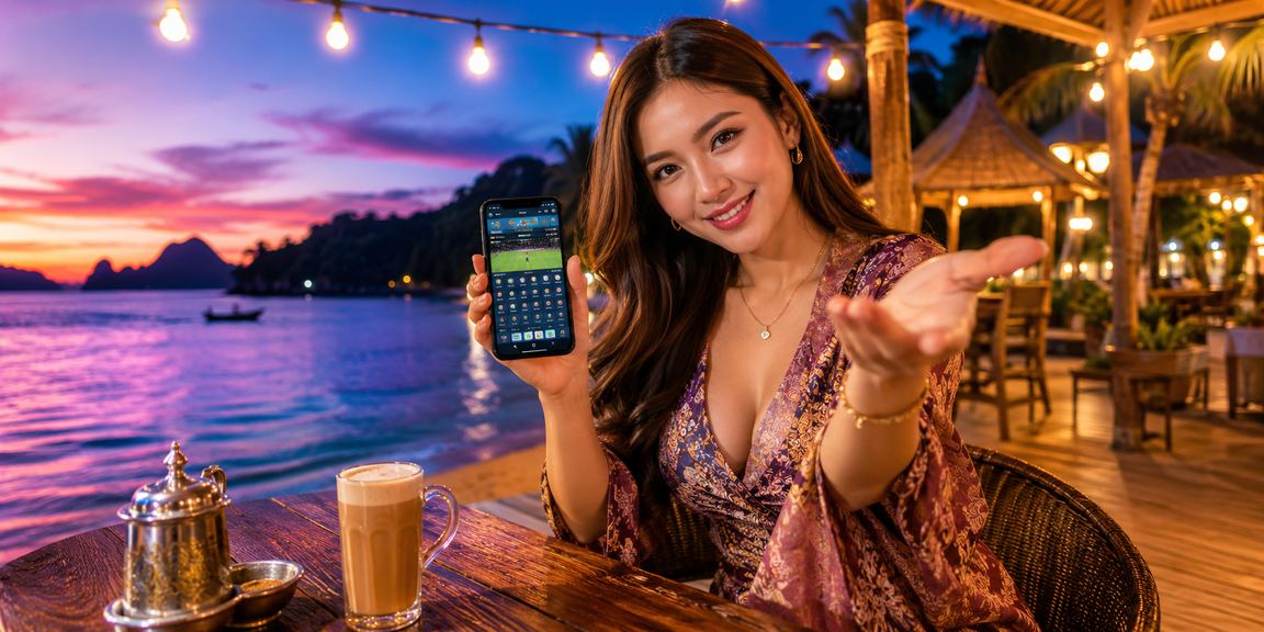 Pengguna Langkawi mengakses program VIP kasino mudah alih 41200 melalui telefon pintar di tepi pantai